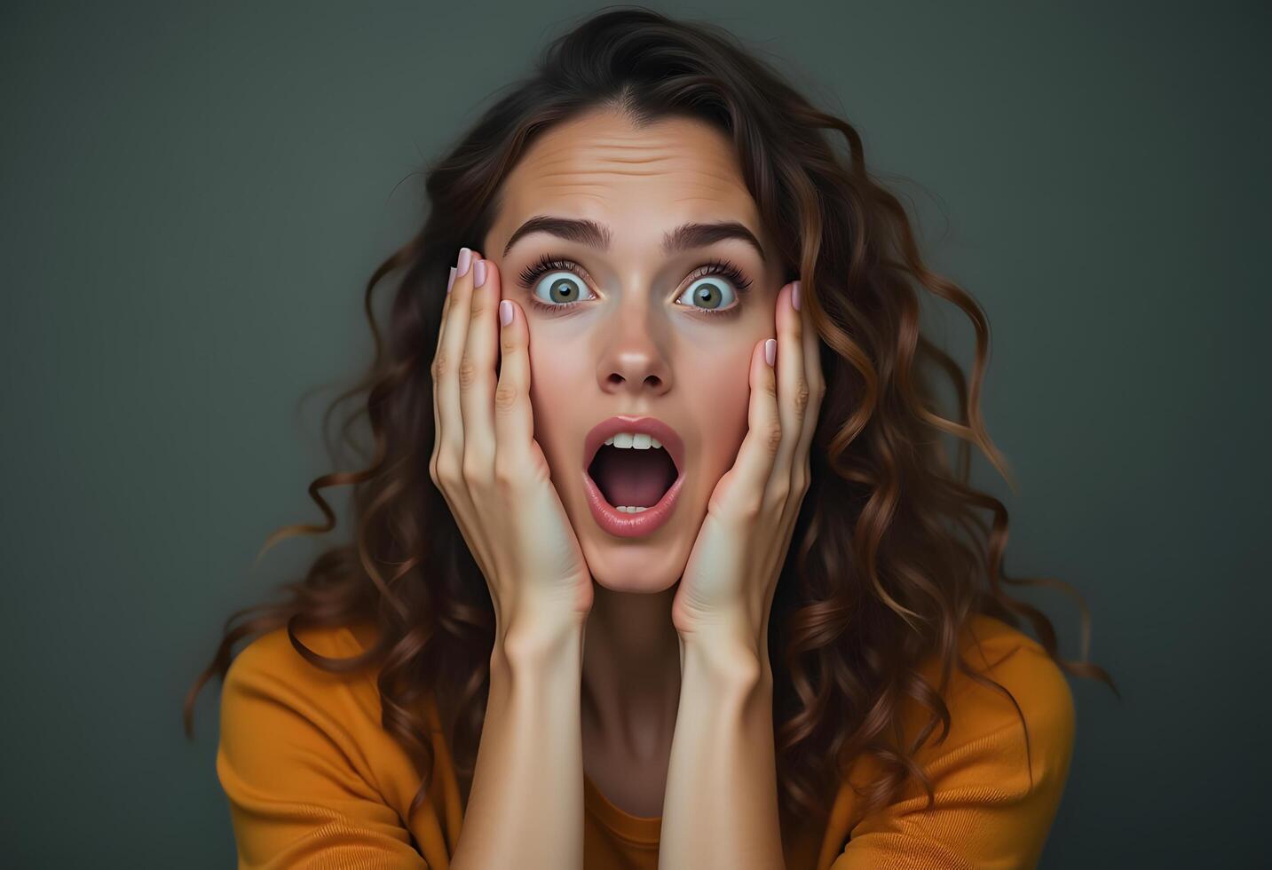 A woman with her mouth open and eyes wide photo
