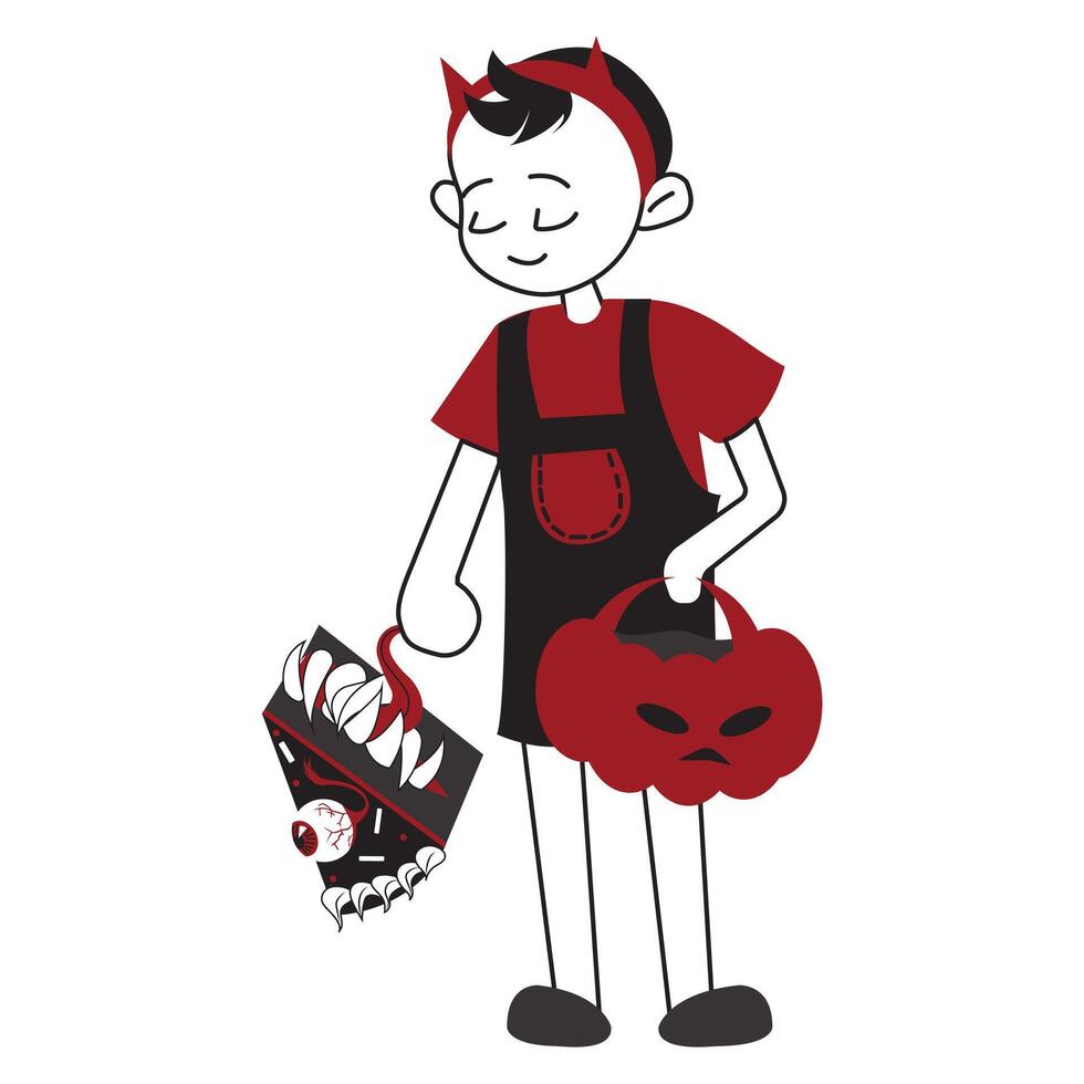 Boy in devil costume with pumpkin and toothy cake vector