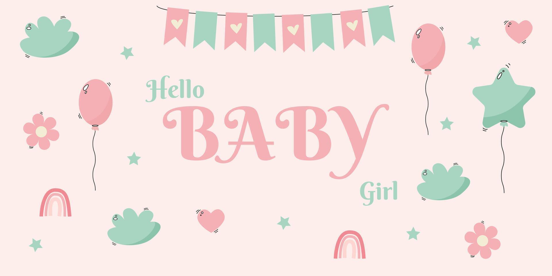 cheerful bright banner for the girl's birthday with clouds, balloons, flowers and rainbows vector
