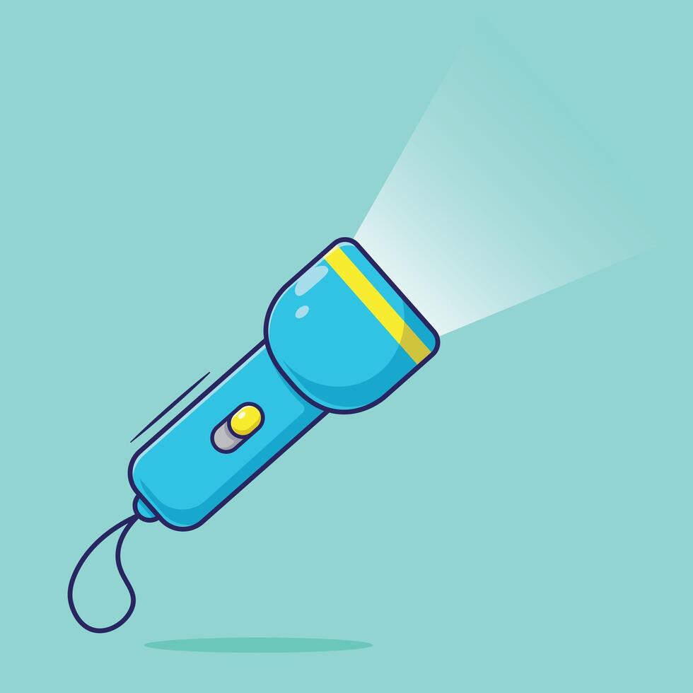 Flat design cartoon illustration of cute flashlight on blue background. vector