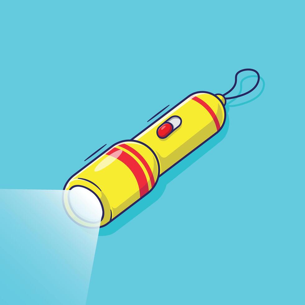 Flashlight cartoon design with lights on. Flat cartoon of yellow flashlight vector