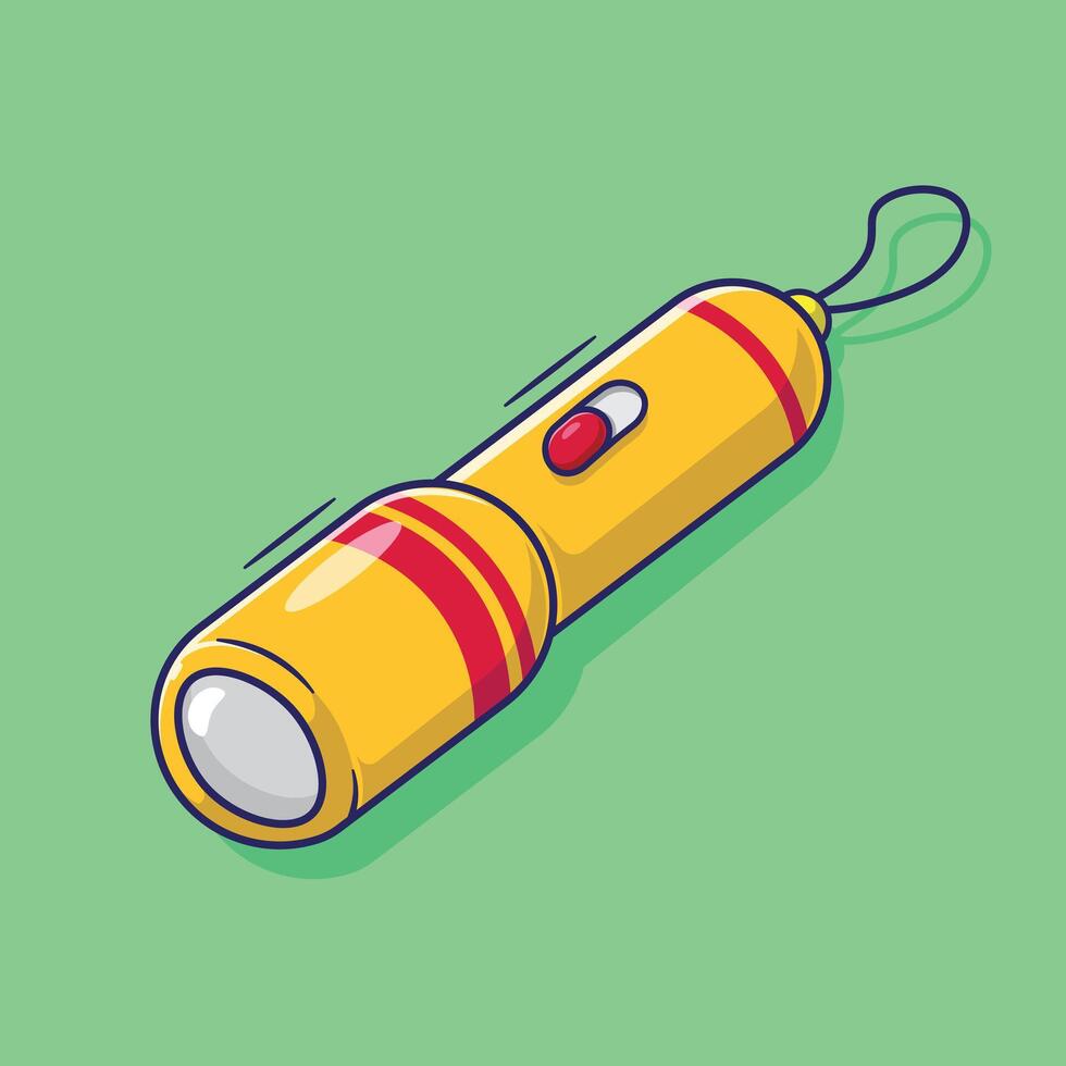 Cute design yellow flashlight illustration. Flat cartoon style on green background vector