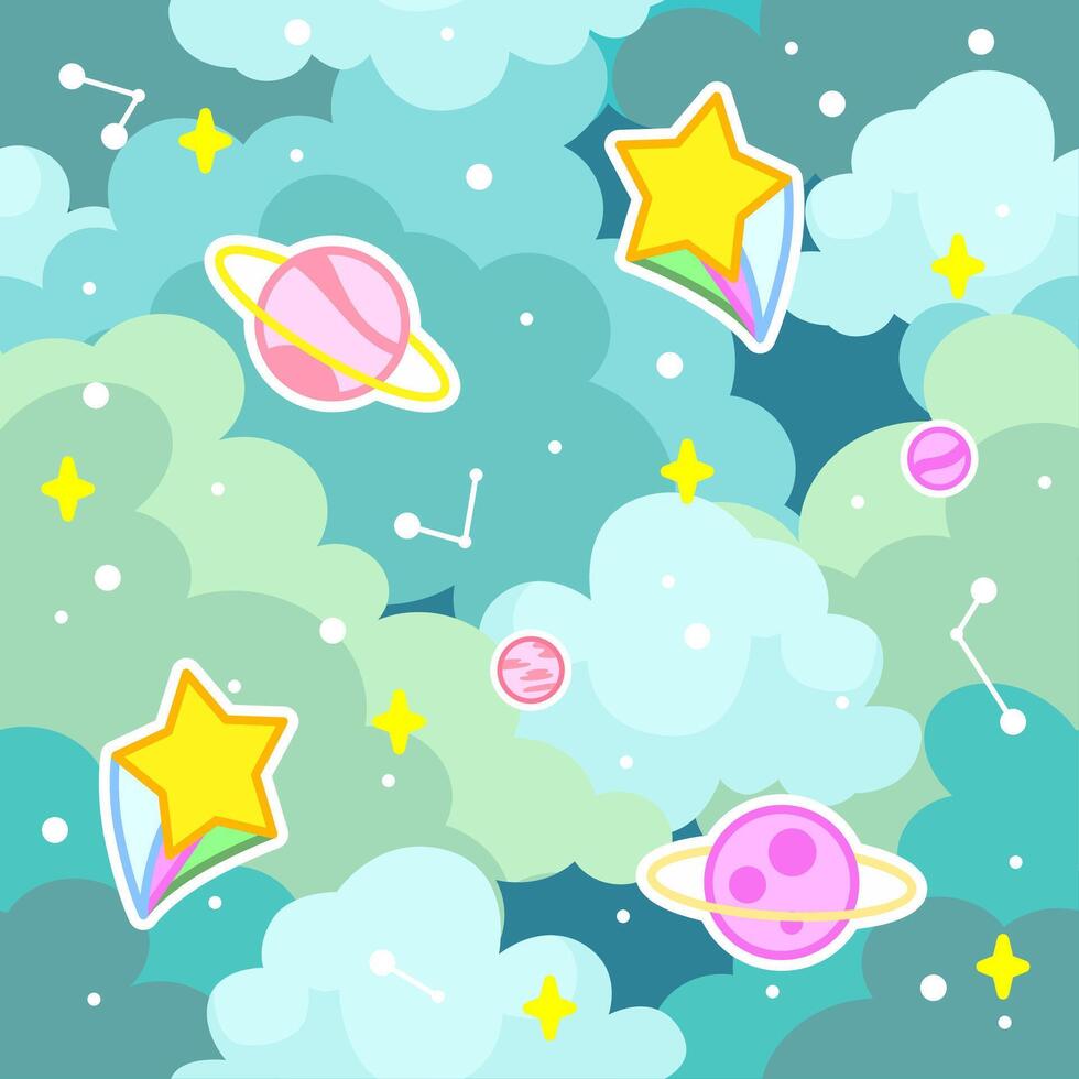 cute pastel star and planet pattern seamless background vector