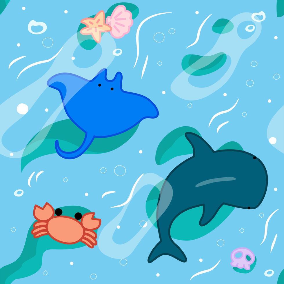cute stingray and whale of ocean life seamless pattern design vector