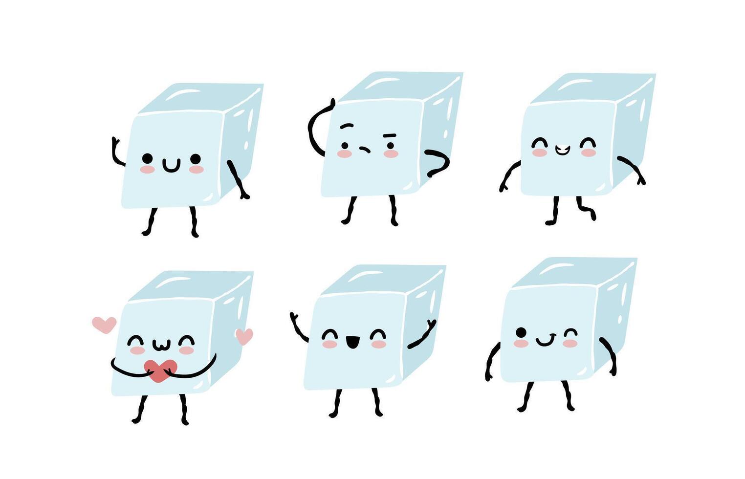 Set of ice cube cute characters showing different emotions. vector