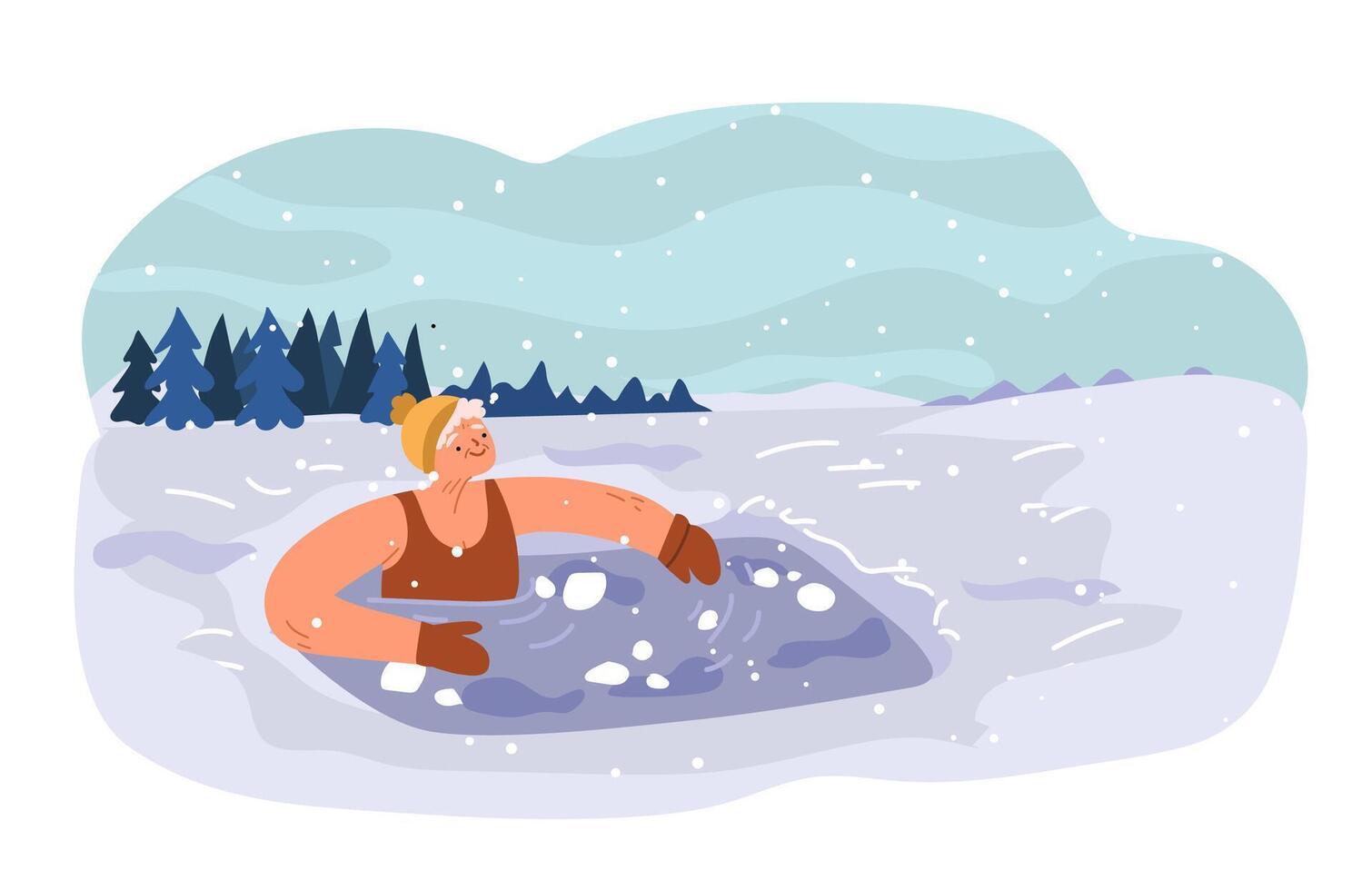 Senior woman hardening in ice hole in the winter pond. vector