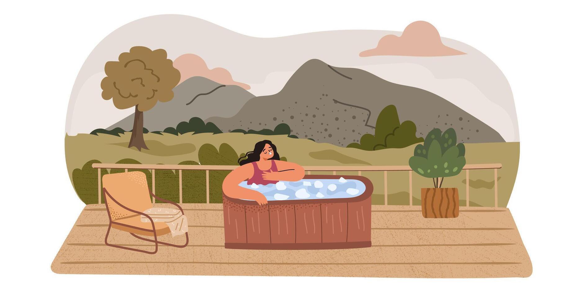 Happy woman using portable ice pod on the porch of resort in open air vector