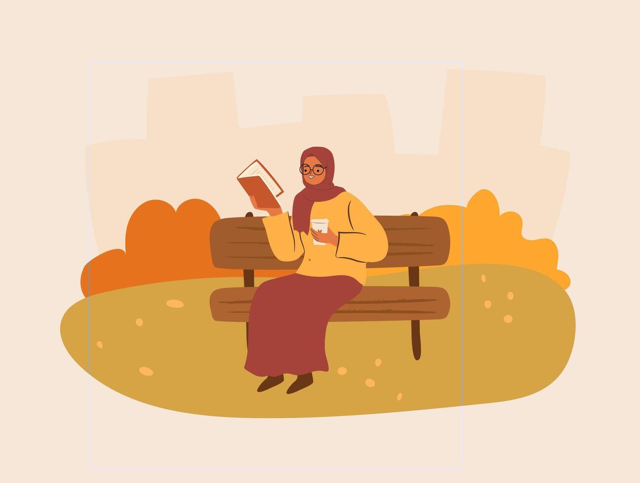 Muslim woman in hijab reading at Autumn park vector