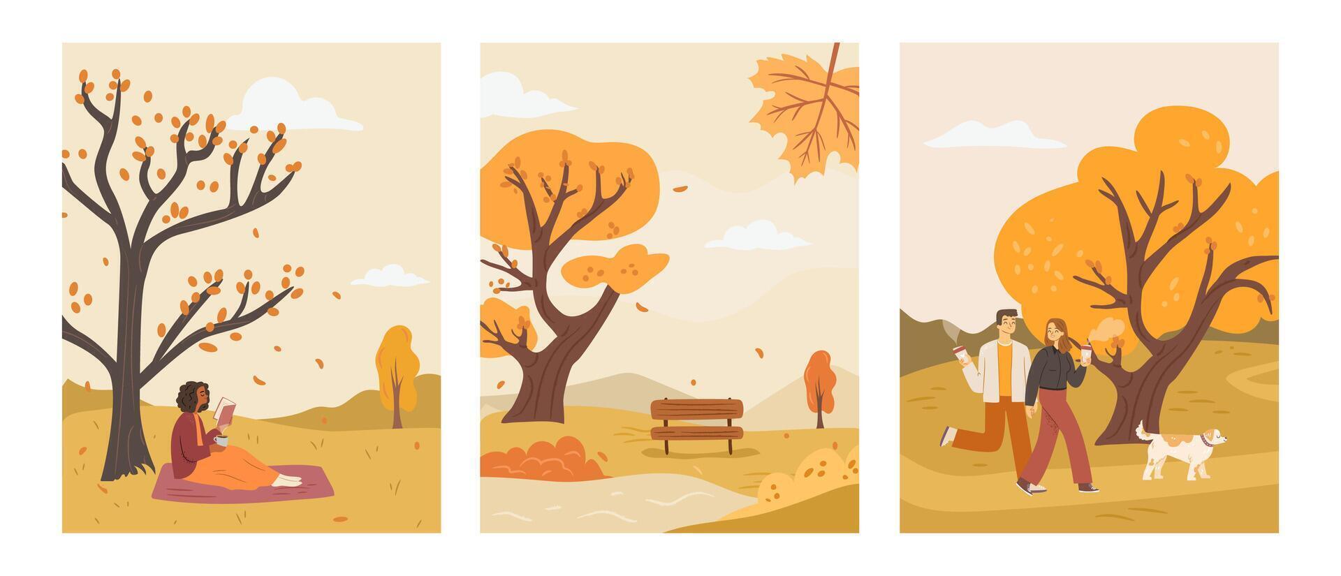 Cozy autumn scene illustration set vector