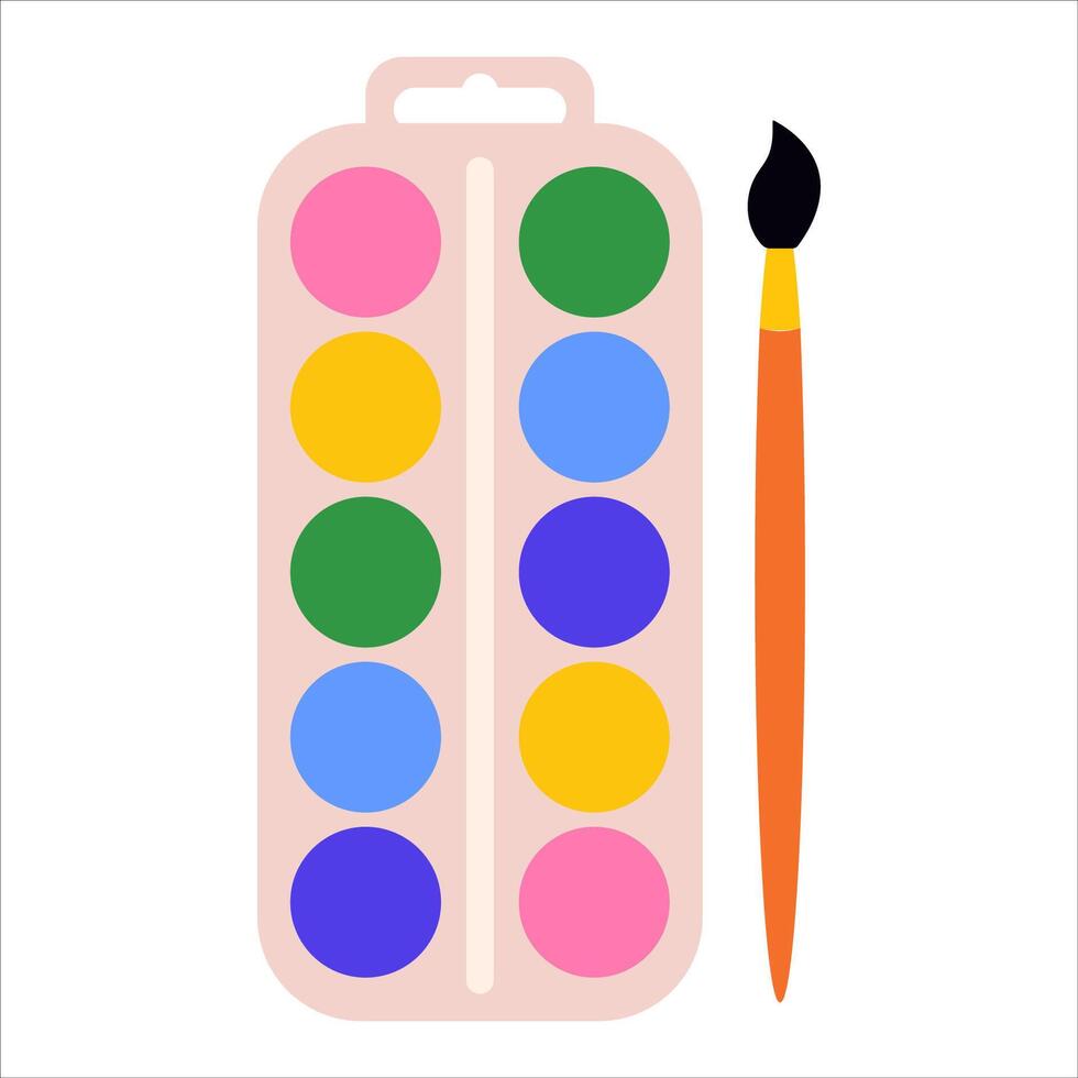 Watercolor paints with brush on isolated background. illustration for art supplies, creative projects, and educational materials vector