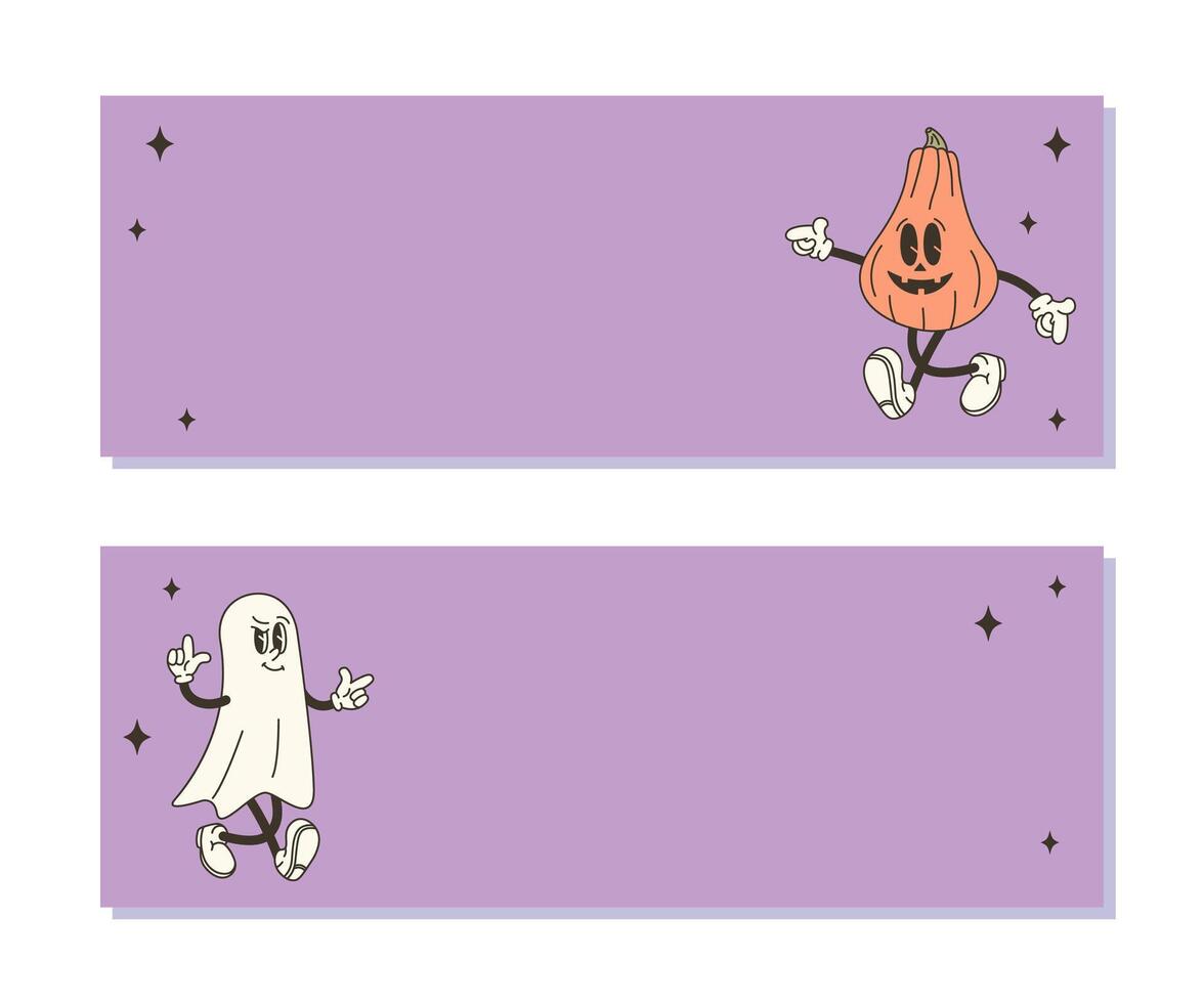 Set of horizontal Halloween backgrounds with copy space for text. illustration with retro style pumpkin and ghost vector