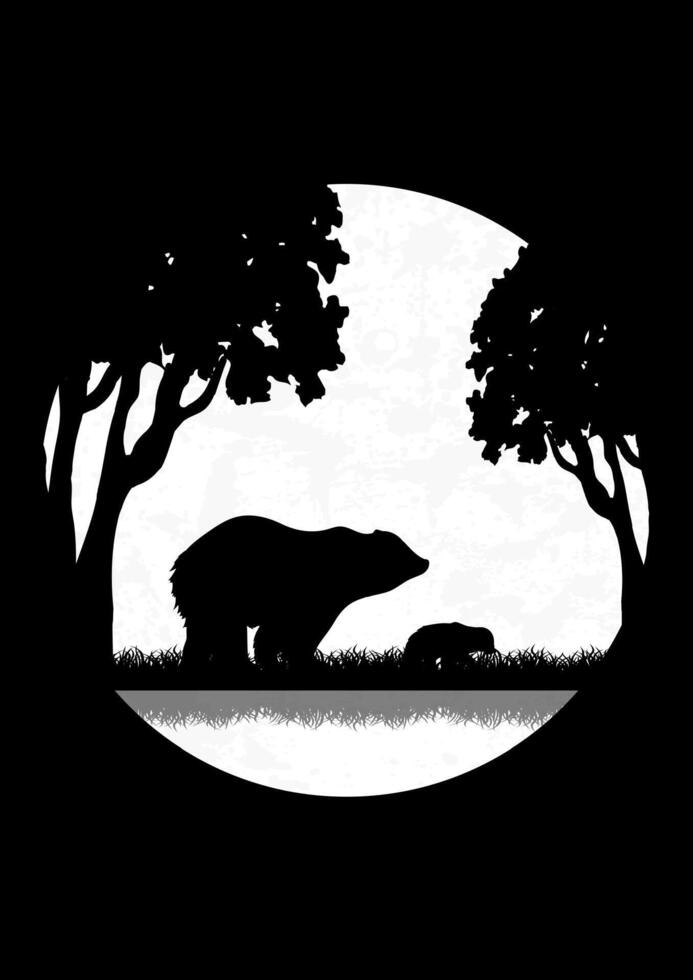 Minimalistic full moon skyscape and bear silhouette. Wildlife animals in nature vector