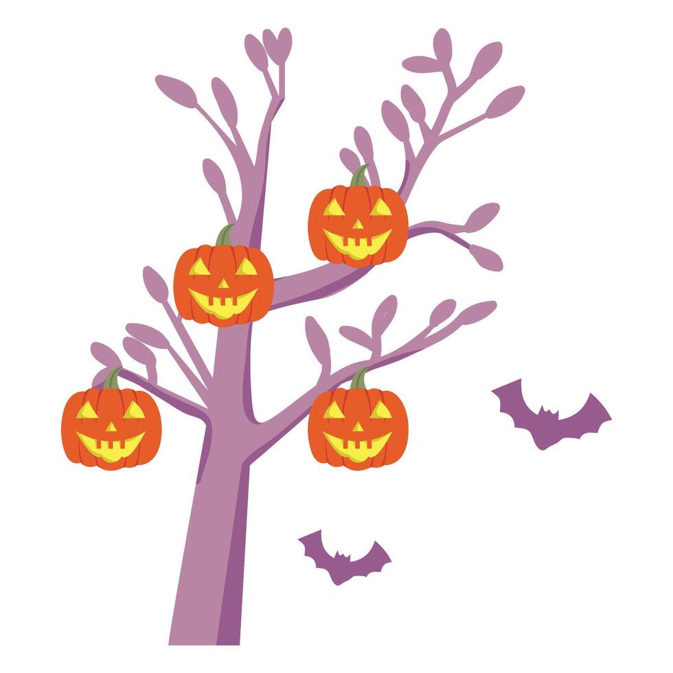 Illustration tree branch pumpkins, and bats halloween background vector