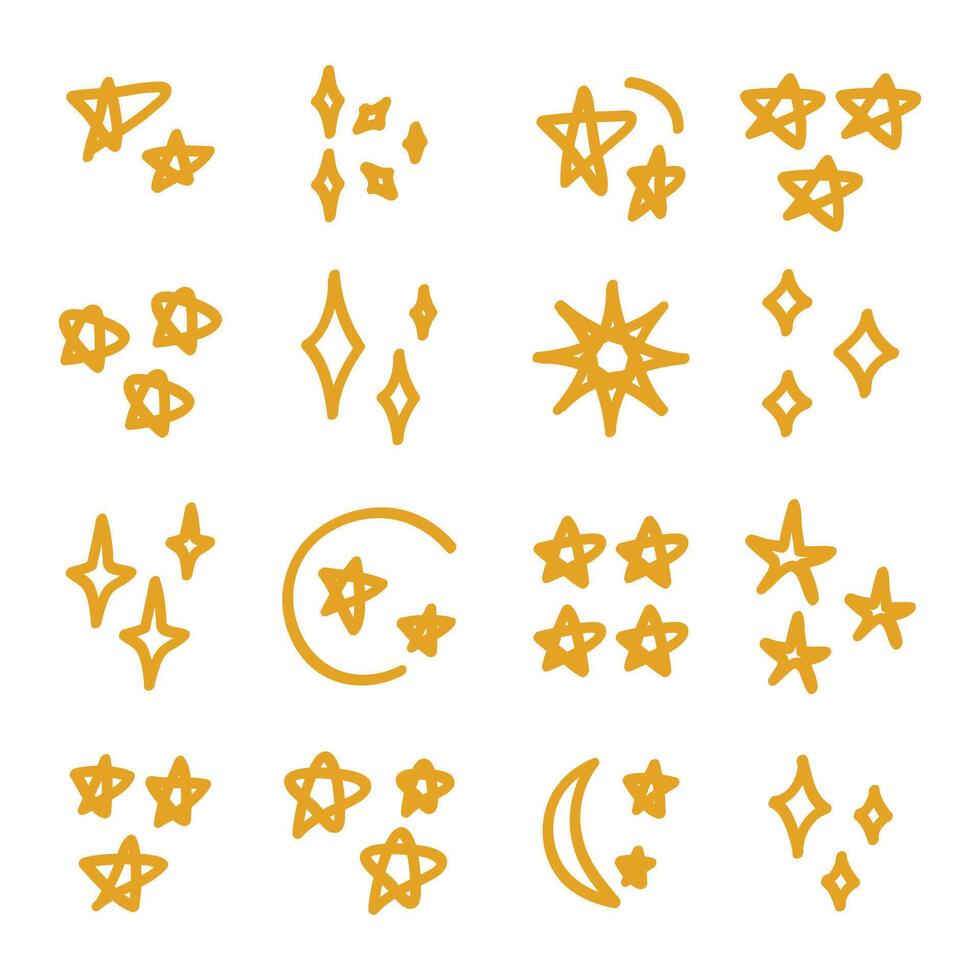 Gold star hand-drawn line art collection cartoon style elements vector