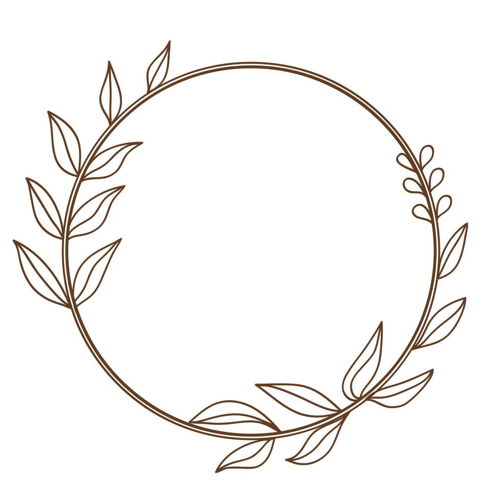 Hand drawn line art brown circle autumn leaves frame. vector