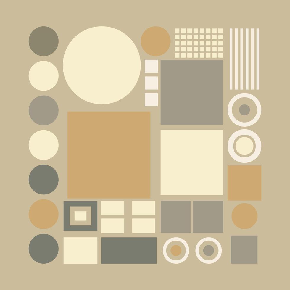 Minimalist geometric pattern with neutral tones of beige gray and tan. Features squares circles and rectangles arranged in a modern abstract composition focused on simplicity and balance. vector