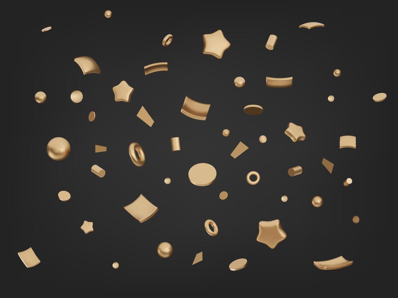 3D gold confetti set. Realistic party elements isolated on black background. Festive design vector
