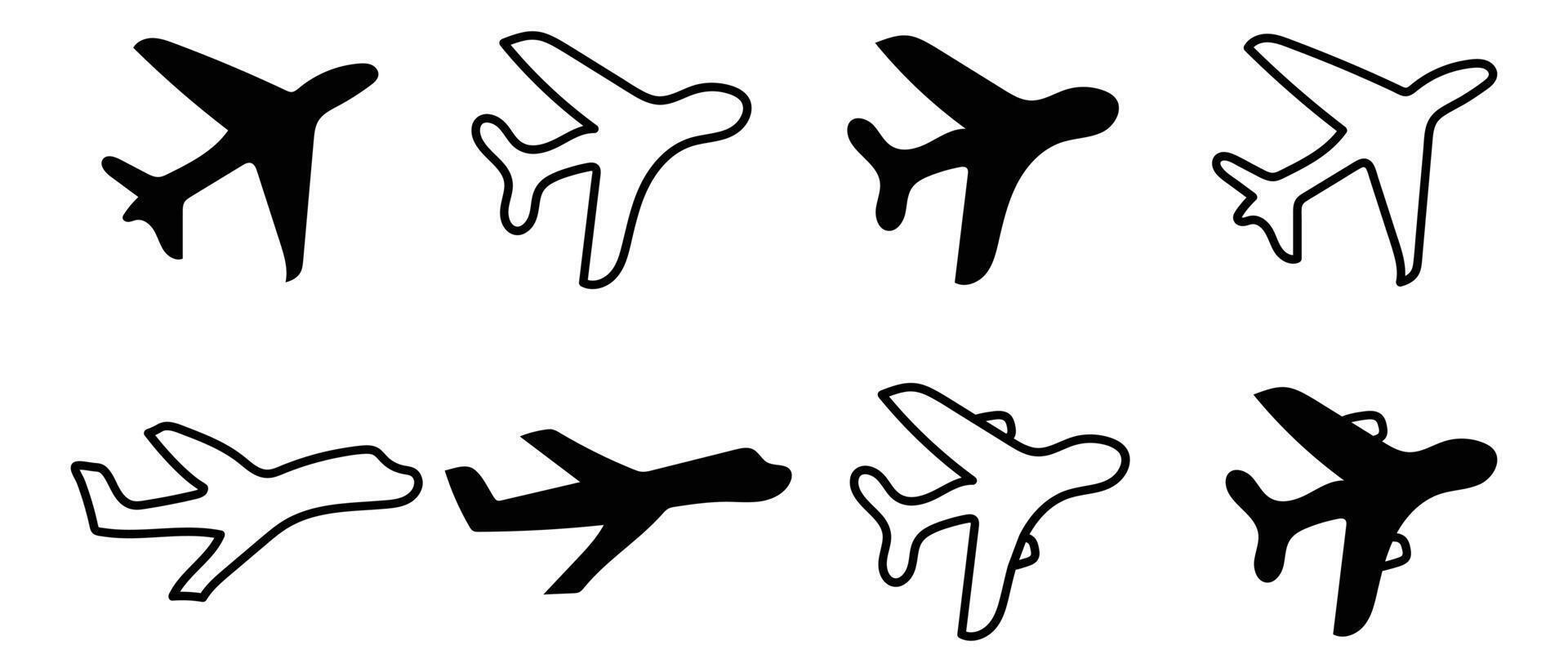 Eight silhouetted airplane icons in various styles on a white background. vector