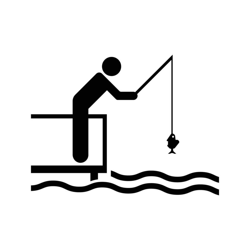 Fisherman Catching Fish on Pier Graphic Icon vector