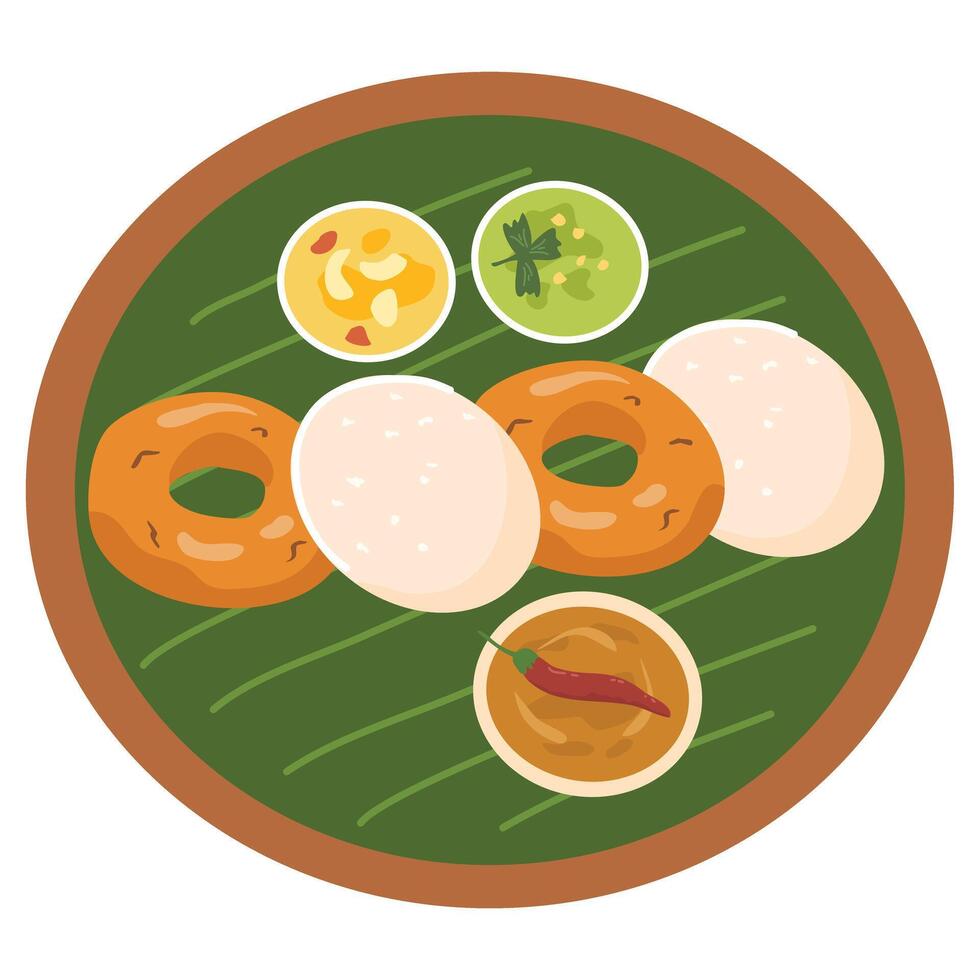 Idli Medu vada, South Indian sambhar, chutney, South Indian breakfast vector