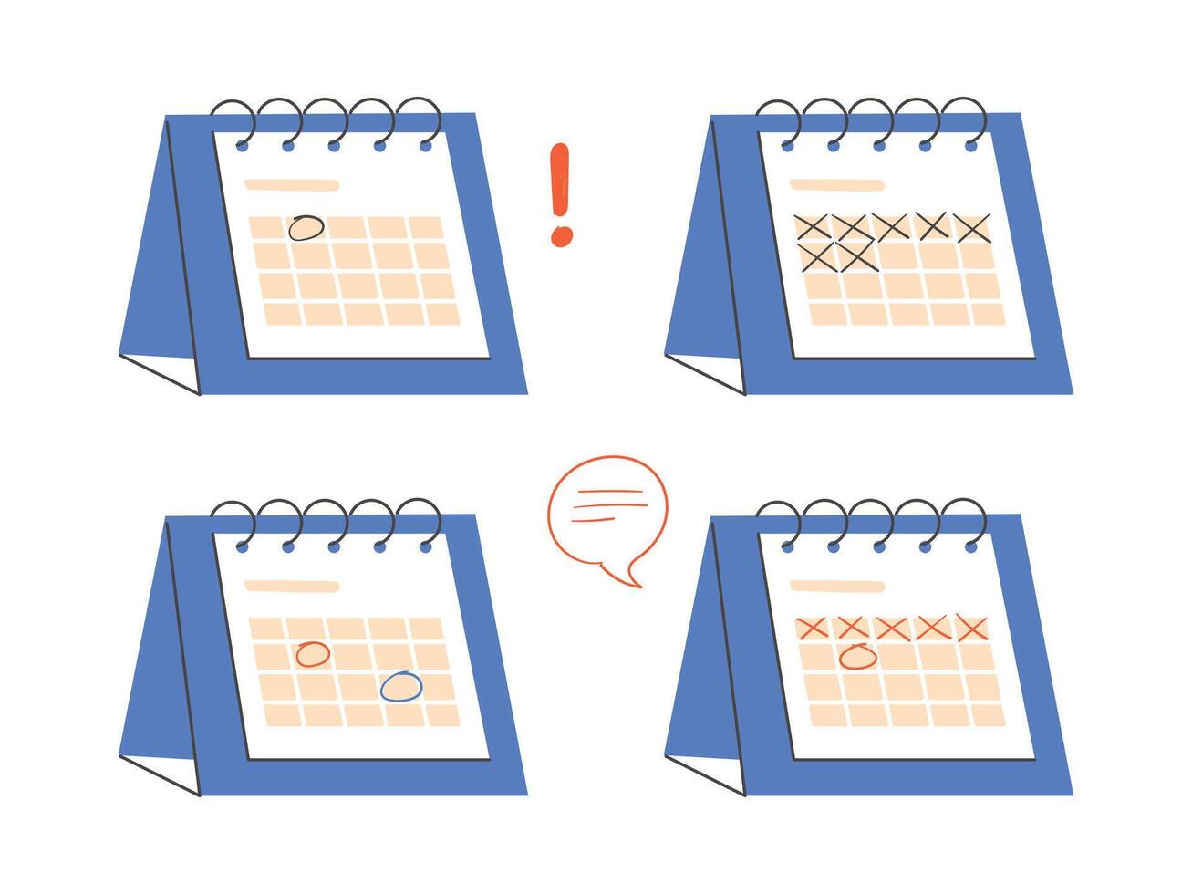 Set of calendar with strikethrough dates. circled date vector