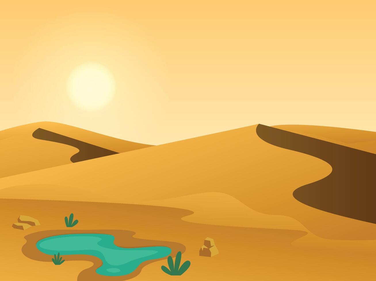 Oasis view in desert background. dry sand space with dunes vector