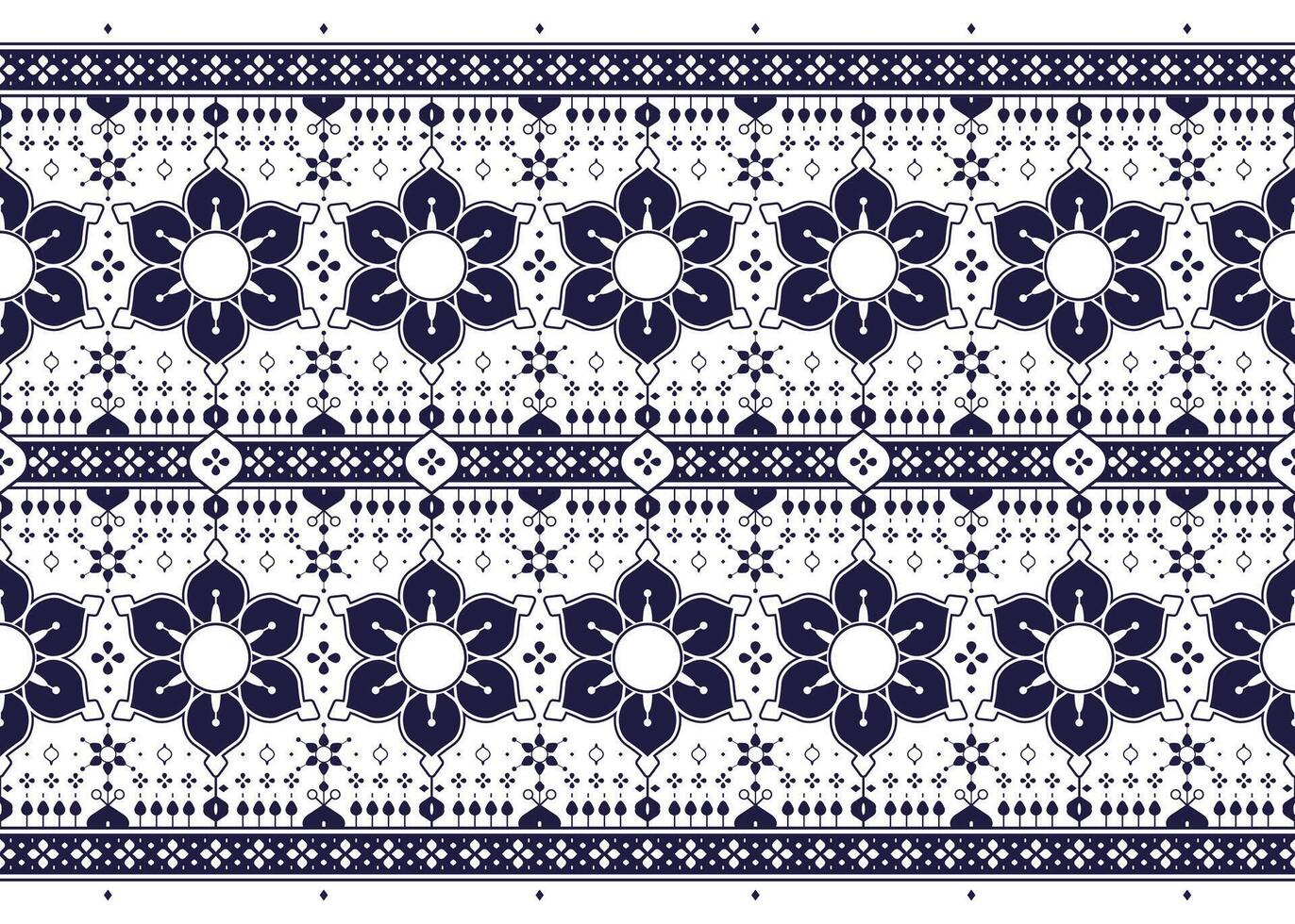 geometric and floral dark blue design on white background, ethnic fabric seamless pattern, oriental style, design for cloth, carpet, batik, wallpaper, wrapping etc. vector