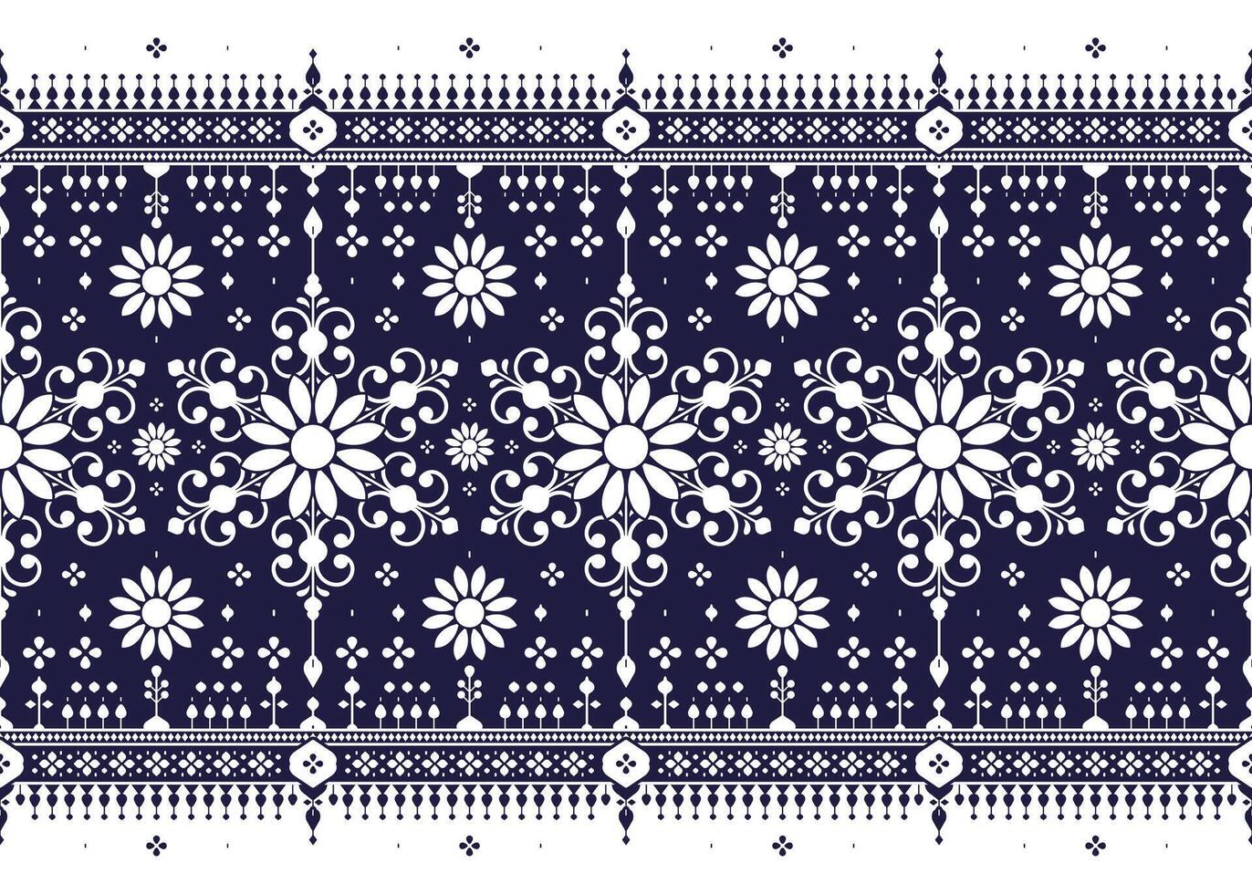 White geometric and symbol floral on dark blue background, ethnic fabric seamless pattern , design for cloth, carpet, batik, wallpaper, wrapping etc. vector