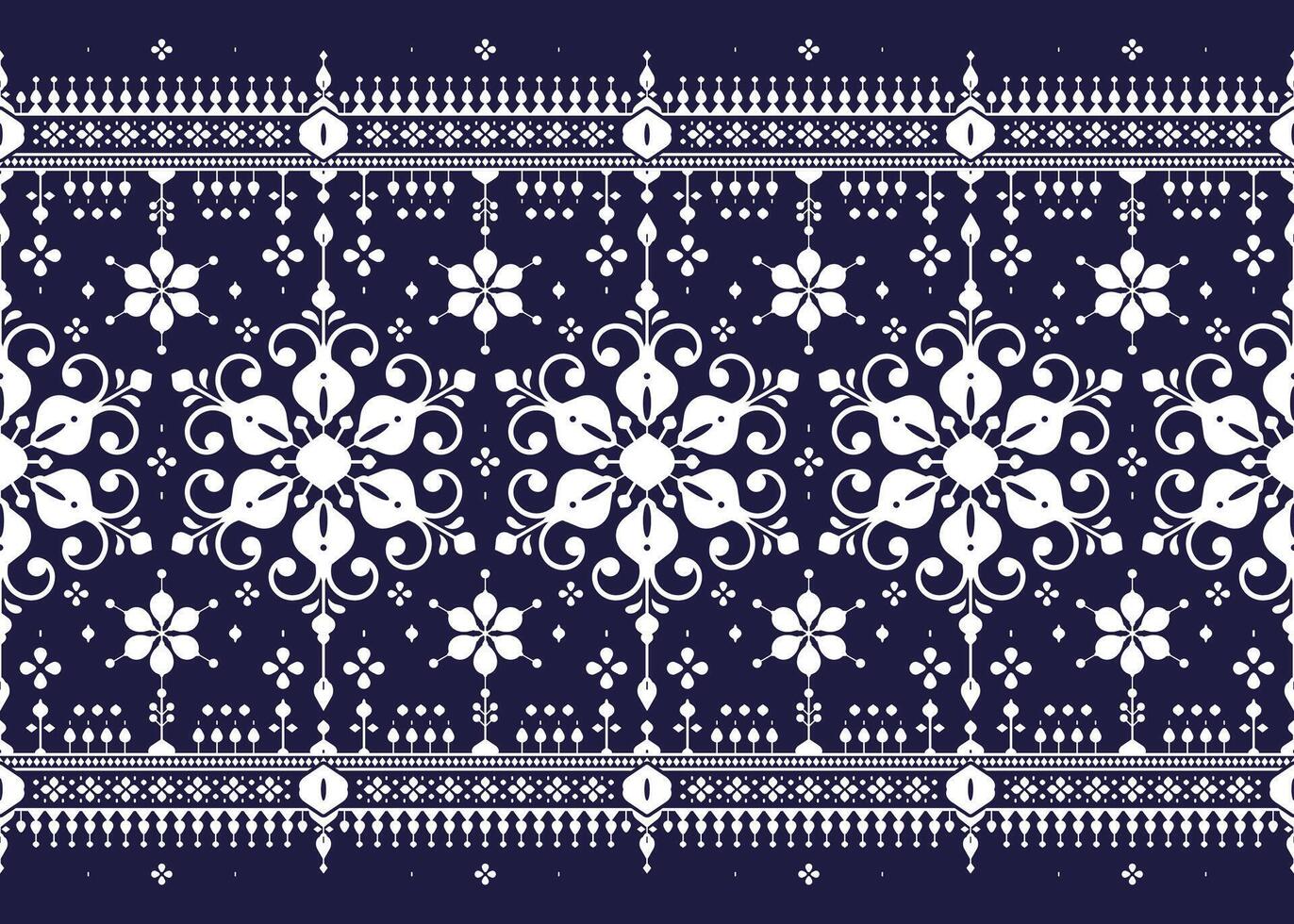 White symbol floral Portuguese tile on dark blue background, ethnic fabric seamless pattern, oriental design for cloth, carpet, batik, wallpaper, wrapping etc. vector