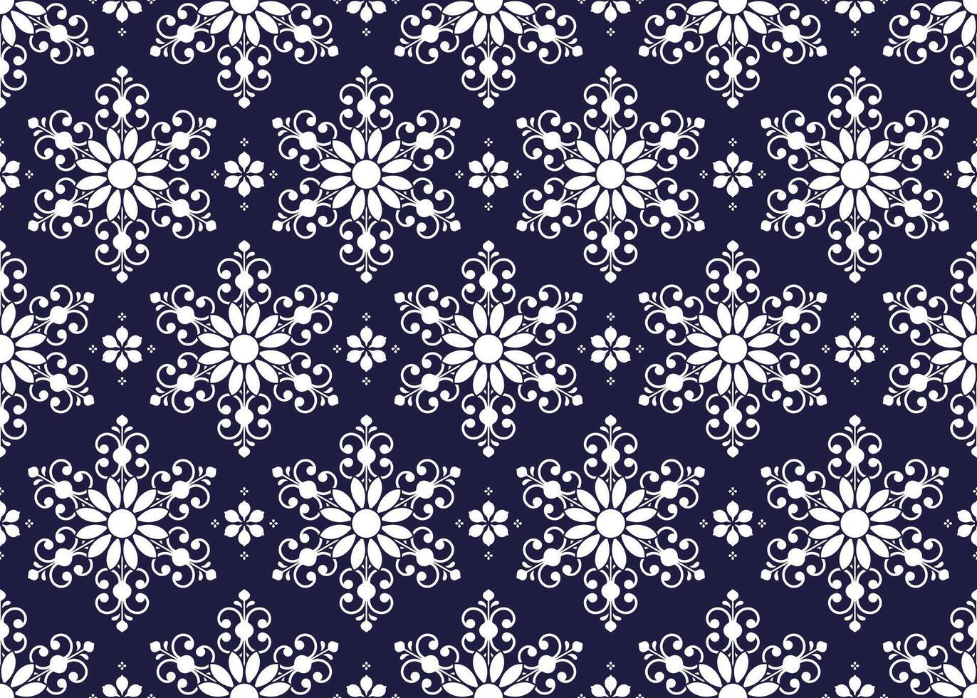 White symbol floral on dark blue background, Portuguese style, ethnic fabric seamless pattern, design for cloth, carpet, batik, wallpaper, wrapping etc. vector