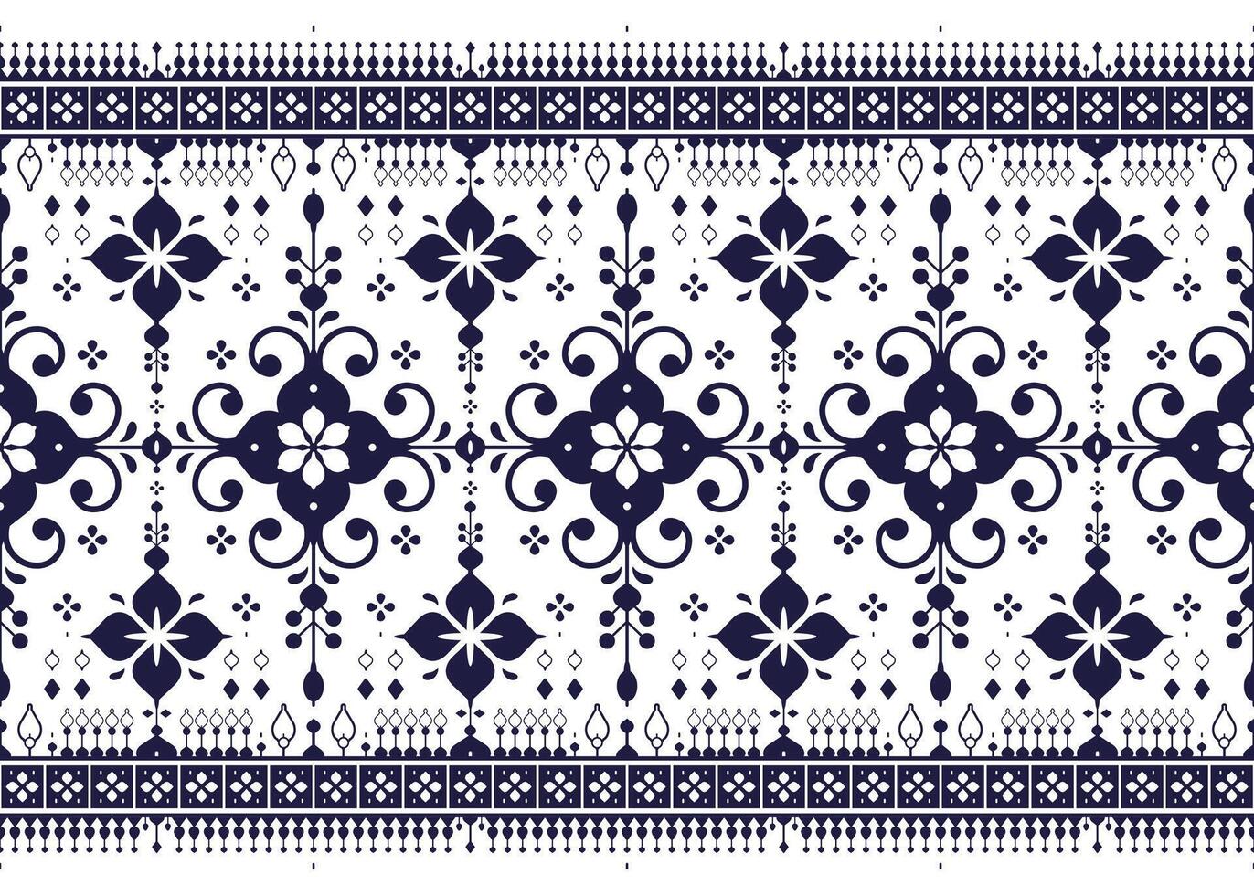 dark blue geometric and floral on White background, ethnic fabric seamless pattern, design for cloth, carpet, batik, wallpaper, wrapping etc. vector