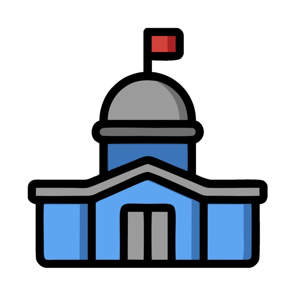 A blue and gray building with a red flag on top vector