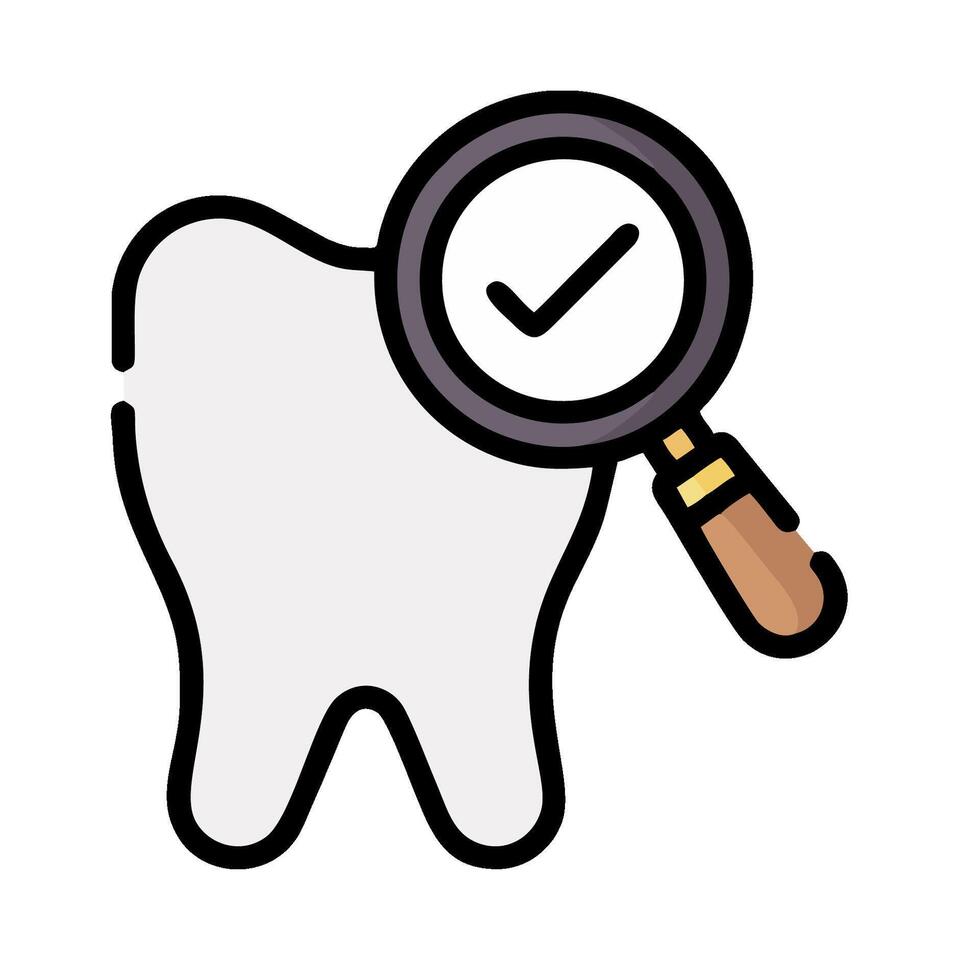 A tooth with a magnifying glass and check mark vector