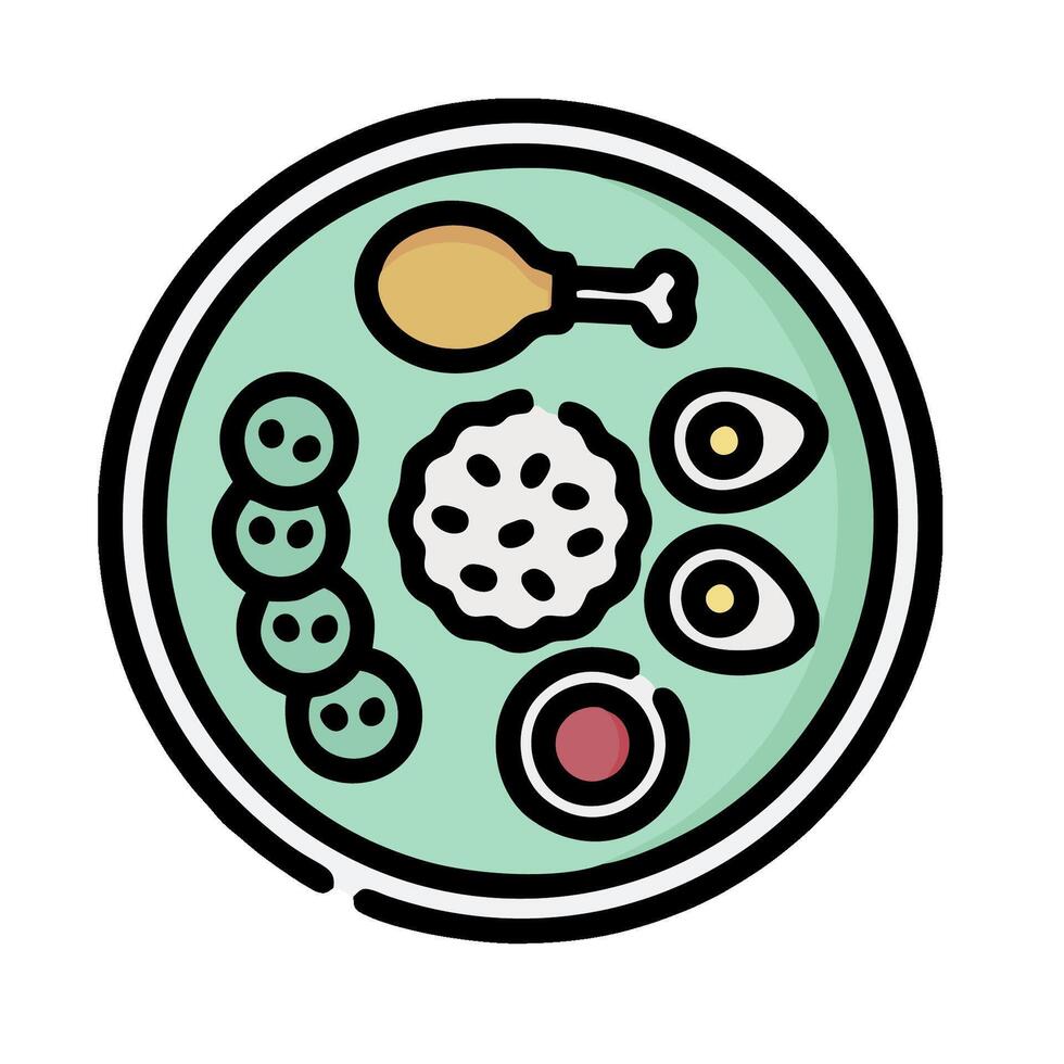 A plate with food on it, including eggs, chicken, and vegetables vector