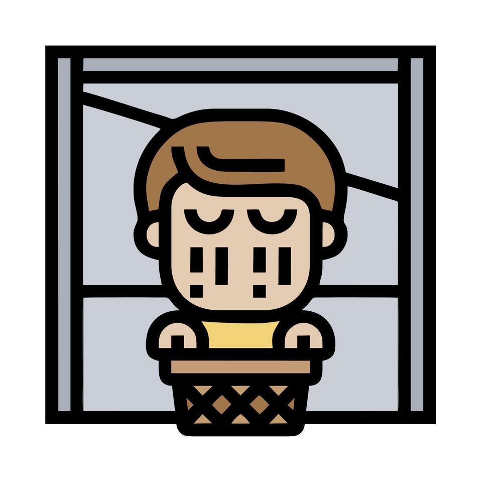 A cartoon man sitting in a basket with a crying face vector