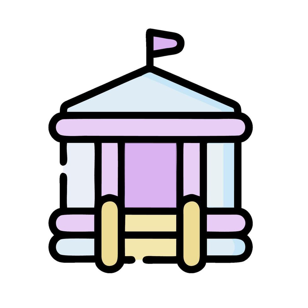 A purple and yellow building with a flag on top vector