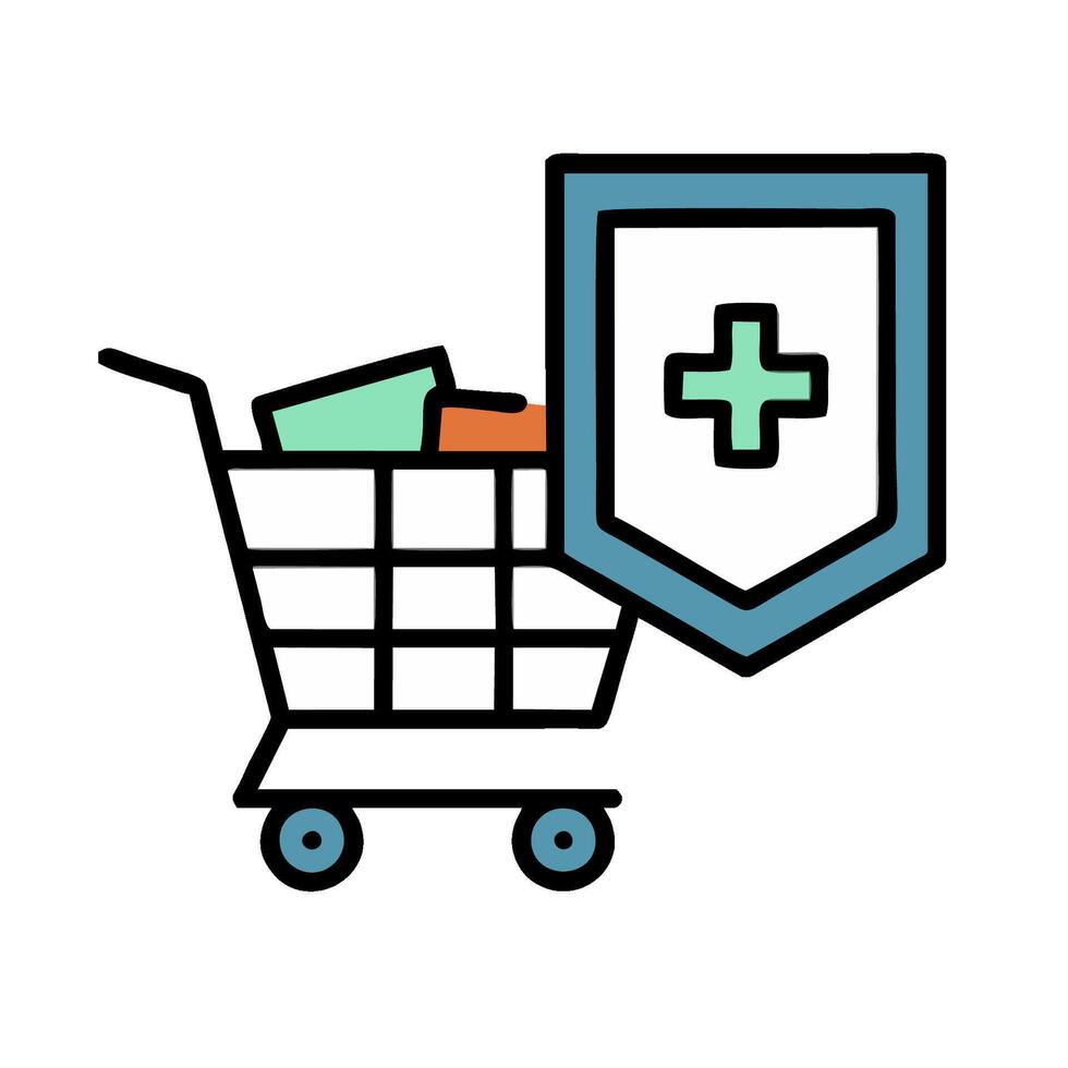 A shopping cart with a shield and a sign on it vector