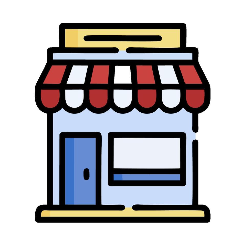 A small store with a red awning and a white door vector