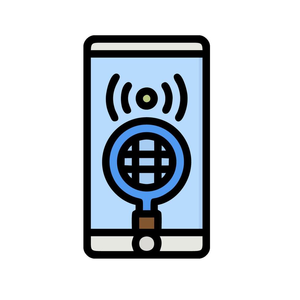 A phone with a magnifying glass and a globe icon vector
