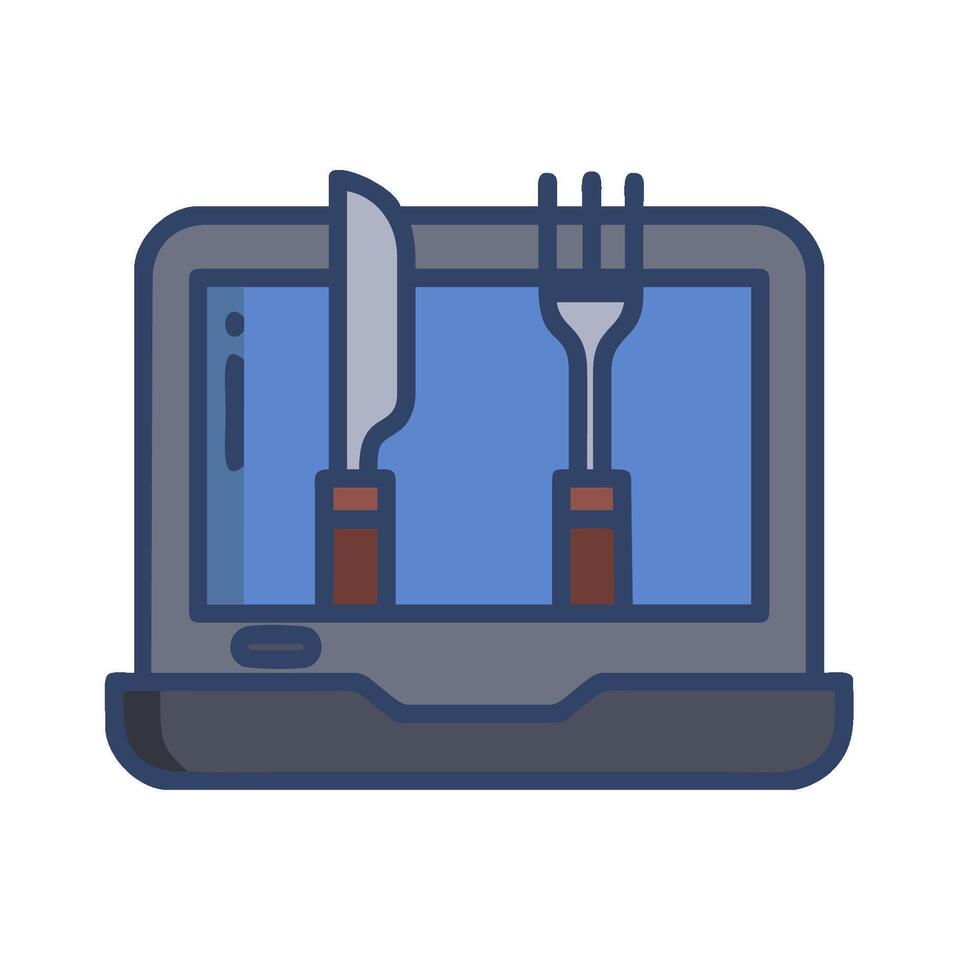 A laptop with a knife and fork on it vector