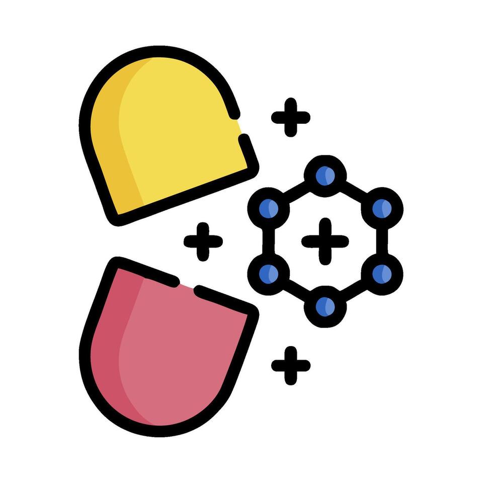 A pill and a molecule are shown together vector