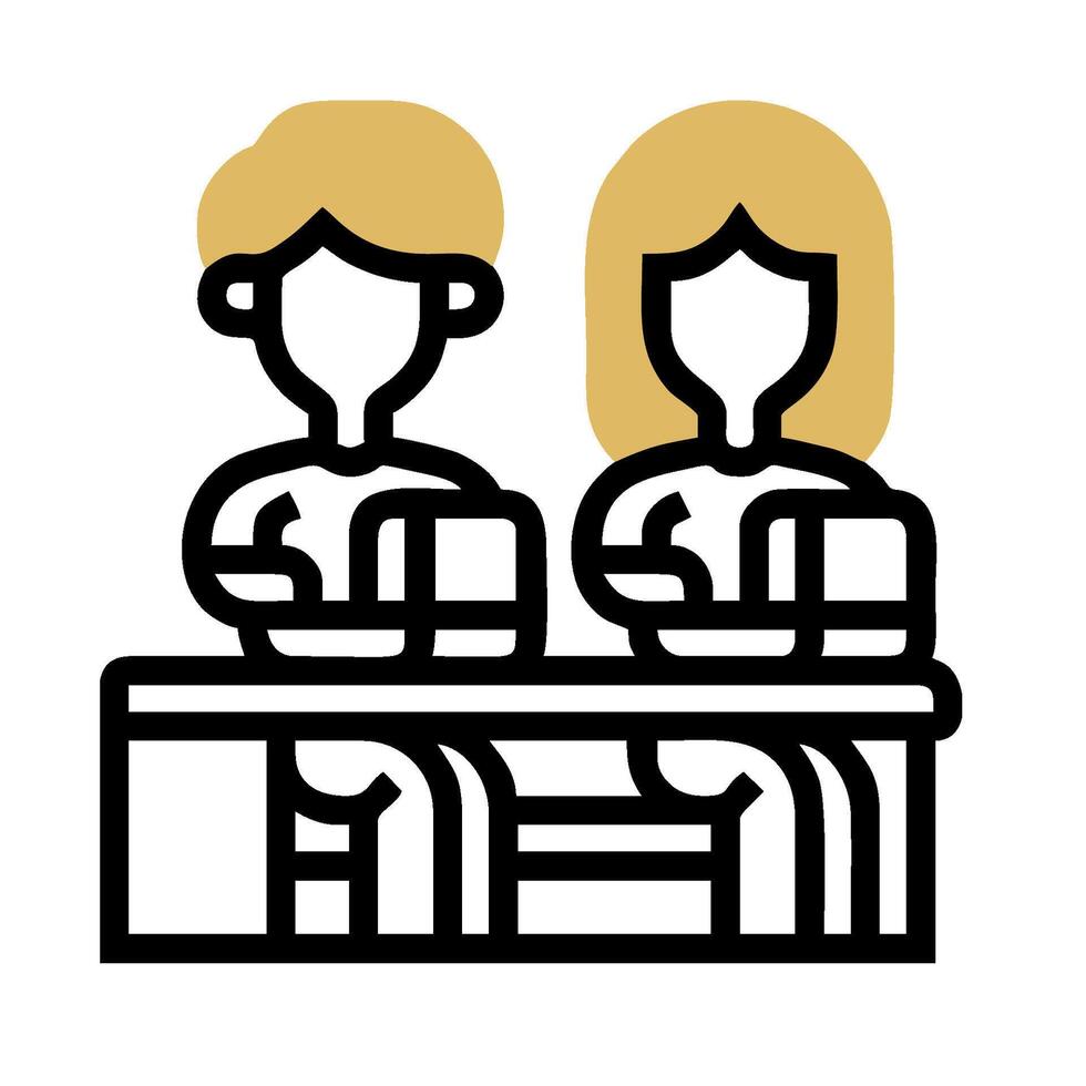 Two people sitting at a table with a book vector