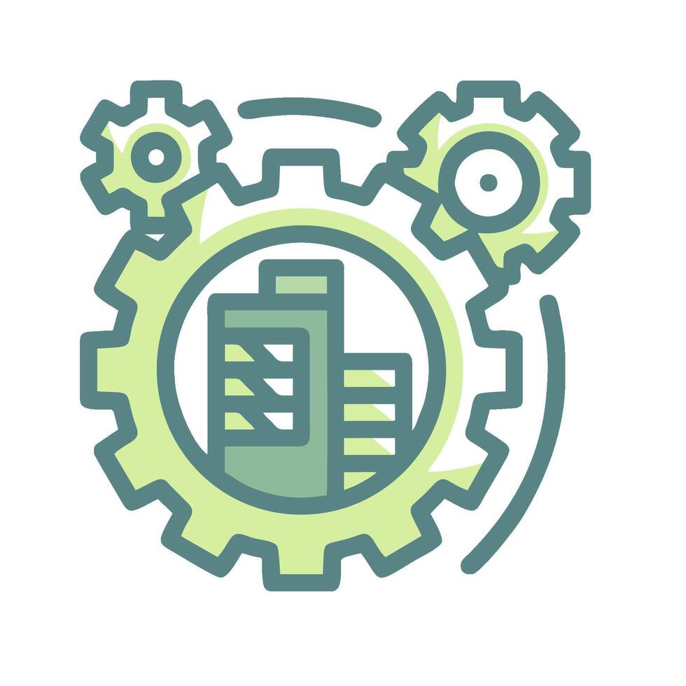 a green and white icon of a building and gears vector
