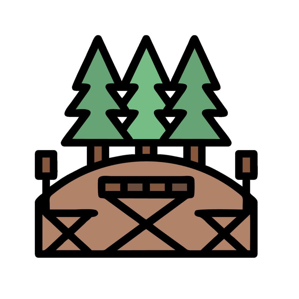 a line drawing of a picnic table and two trees vector