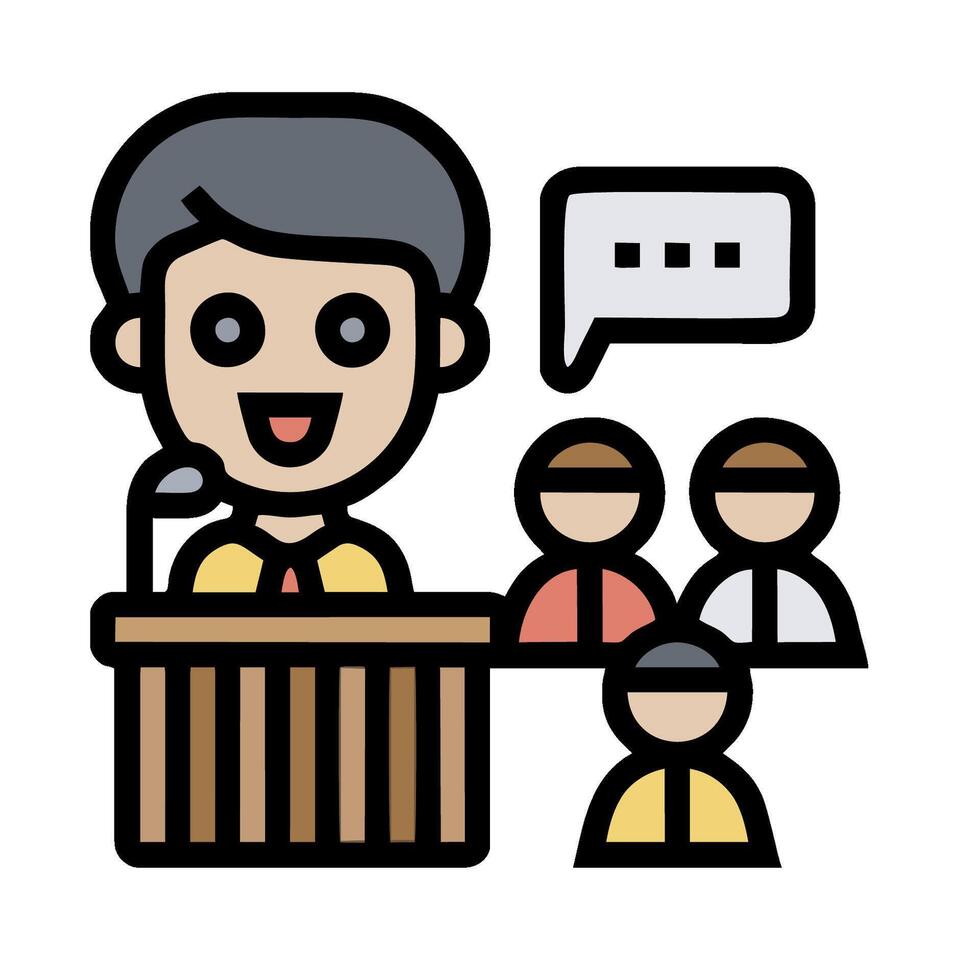a man giving a speech at a podium with people around him vector