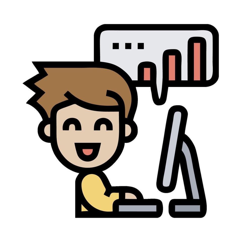 un hombre es trabajando en un computadora con un gráfico encima él vector