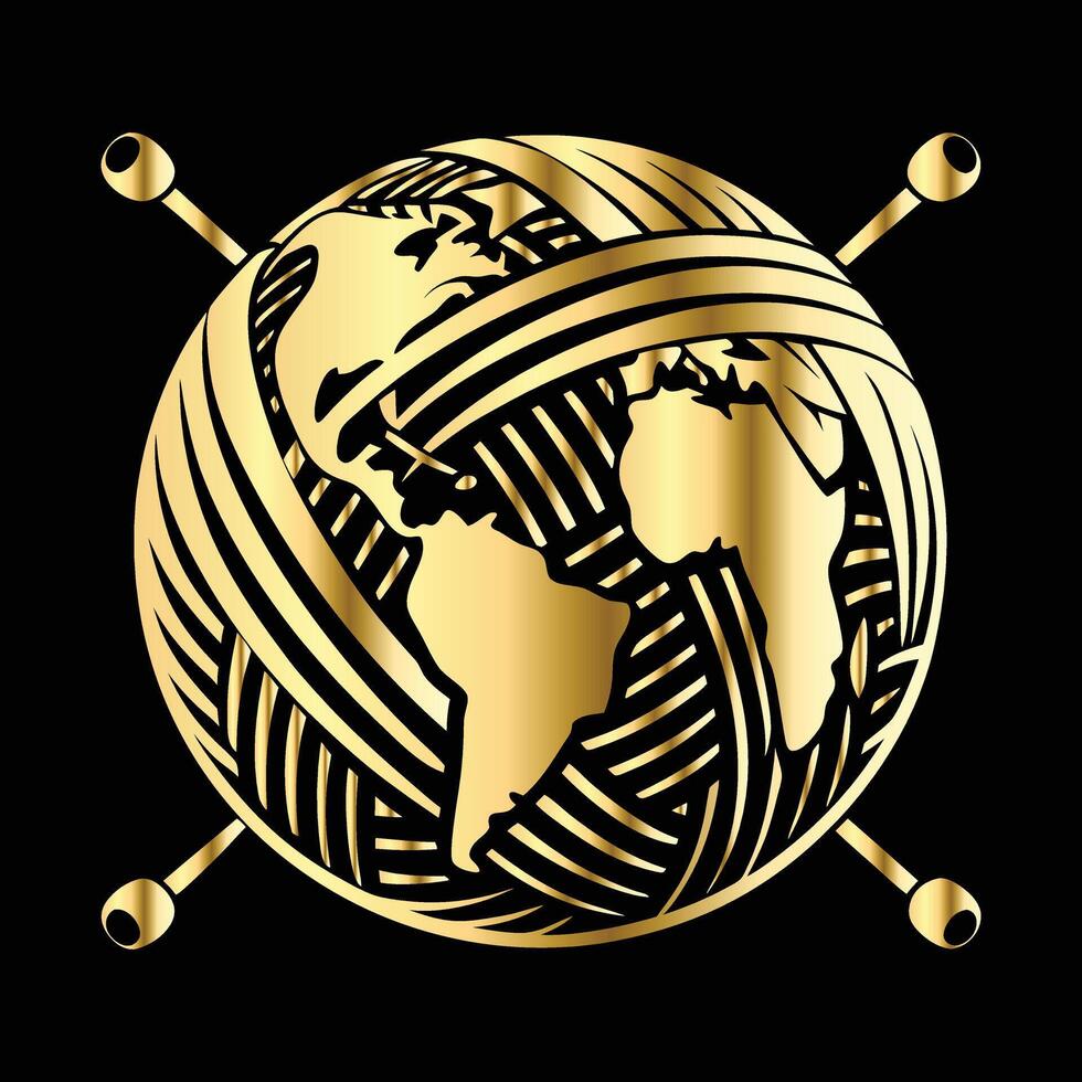A gold globe with crossed knitting needles on it vector