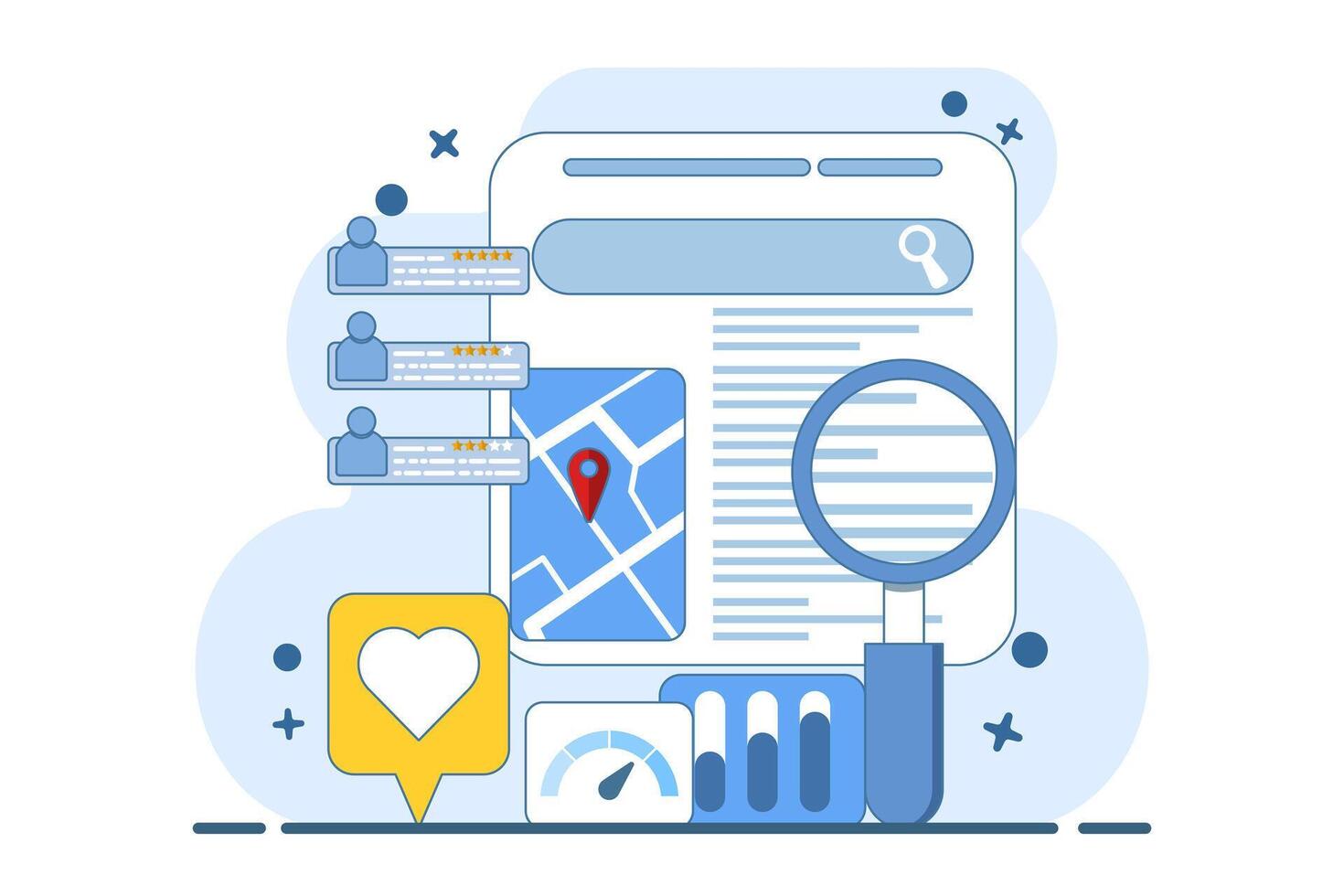 SEO map optimization concept, Business appears on search engine results page with location and customer ranking, Business listing on search engine, illustration with background. vector