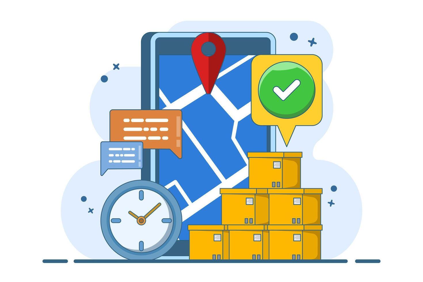 Global logistics concept, fast and accurate cargo delivery. Online delivery courier service or mobile application concept for tracking shipments on a smartphone with ready-made packaging. Illustration vector