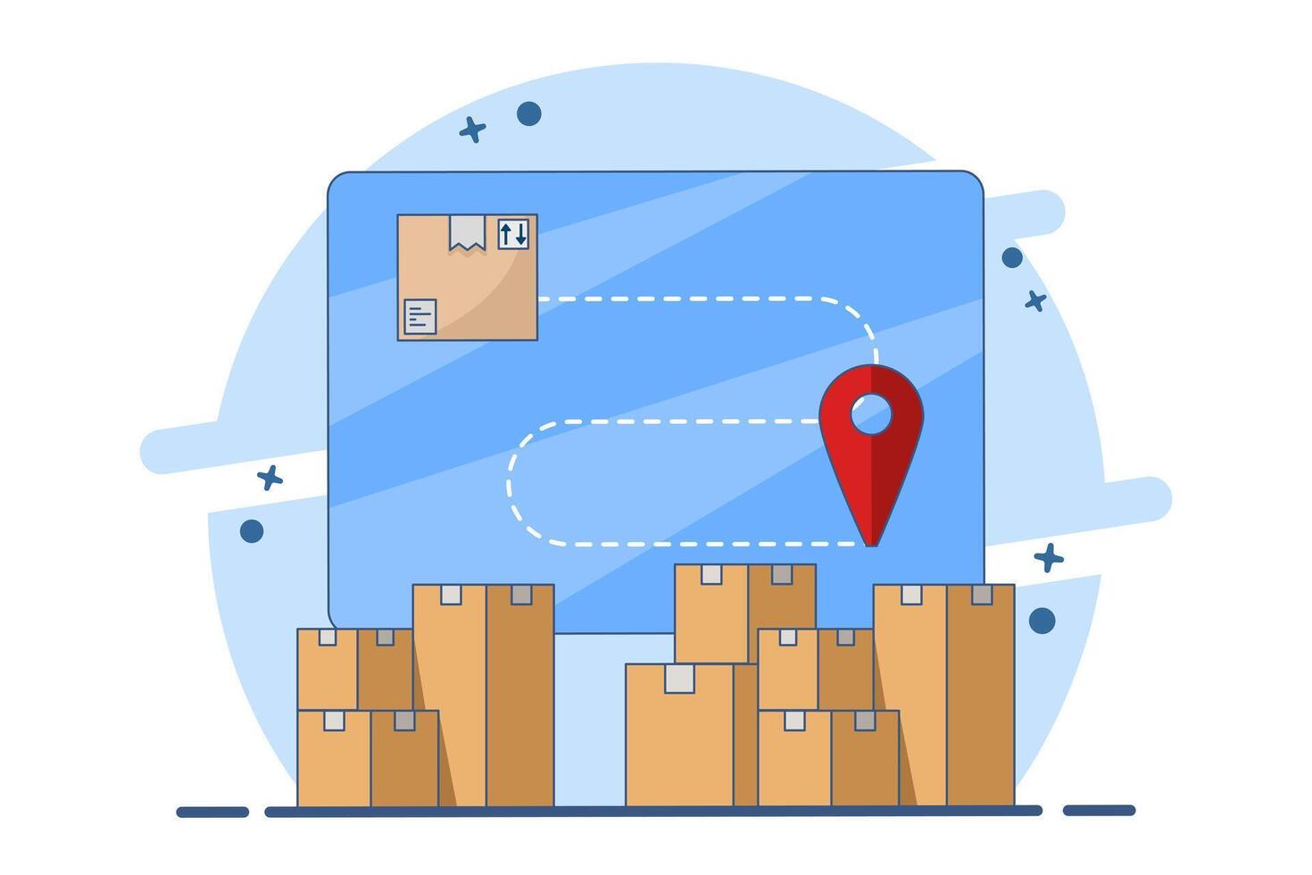 Concept of cargo box logistics delivery tracking, tracking order delivery route. Parcel box location tracking, courier destination. Flat illustration on background. vector